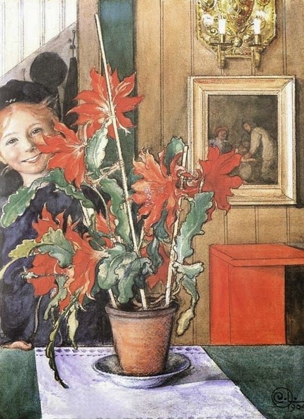 «Бритта с кактусом», Карл Ларссон 1904г. Акварель, карандаш, бумага. Дом-музей Карла Ларссона, Sundborn Бритта для многих поклонников творчества Карла Ларссона любимый персонаж его акварелей.